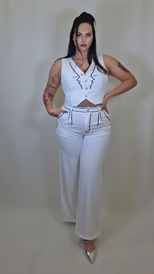 Lined Black Details on Vest and Pants Set
