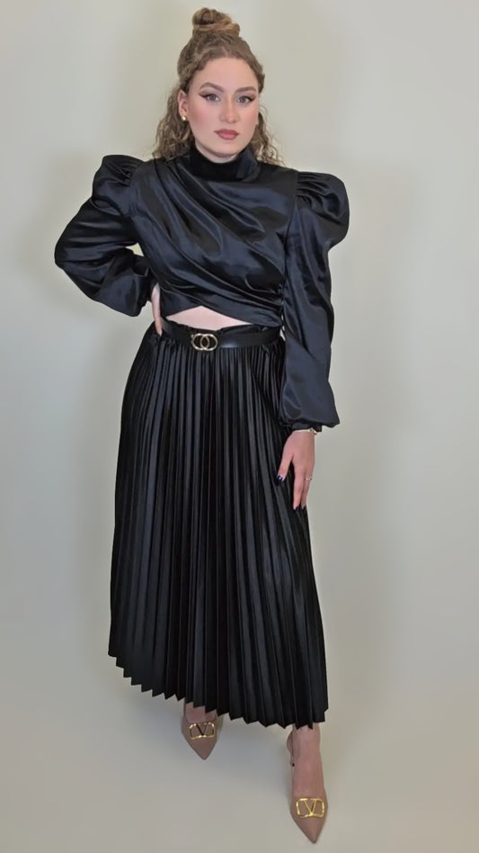 Midnight Luxe Pleated Set – Satin Edition