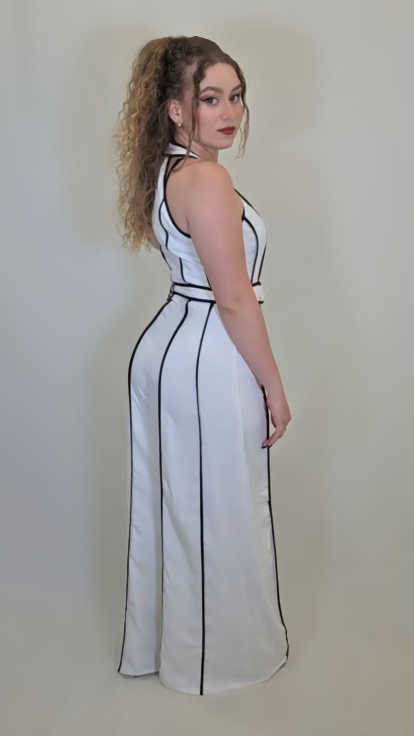 Chic Lines Belted Jumpsuit – White with Black Stripes
