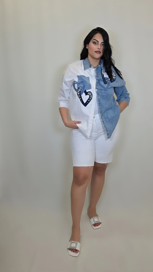 Denim Hearts Button Down Long Sleeve Shirt