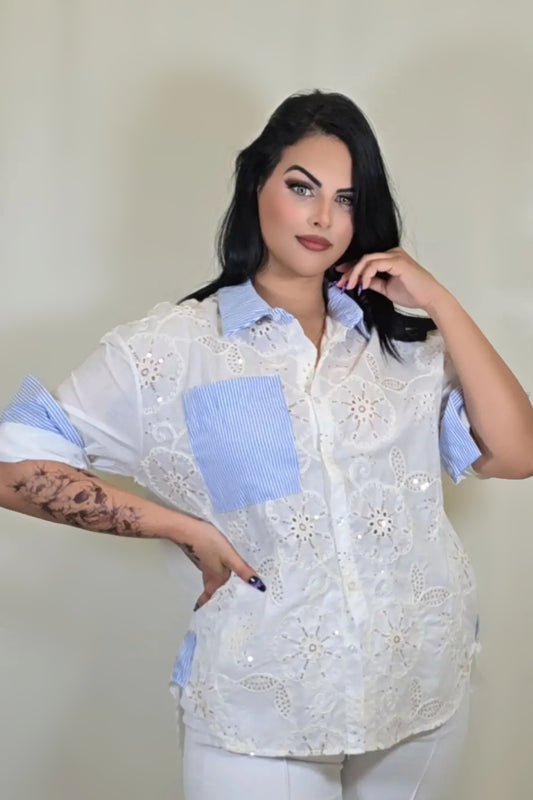 Washed Denim & Lace Button Front Top