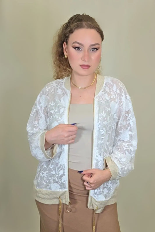 Golden Bloom Embroidered Sheer Jacket – Ivory & Beige Trim