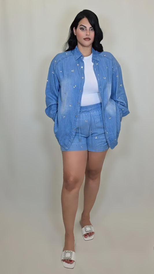 Button Down Shirt Two Piece Denim Set