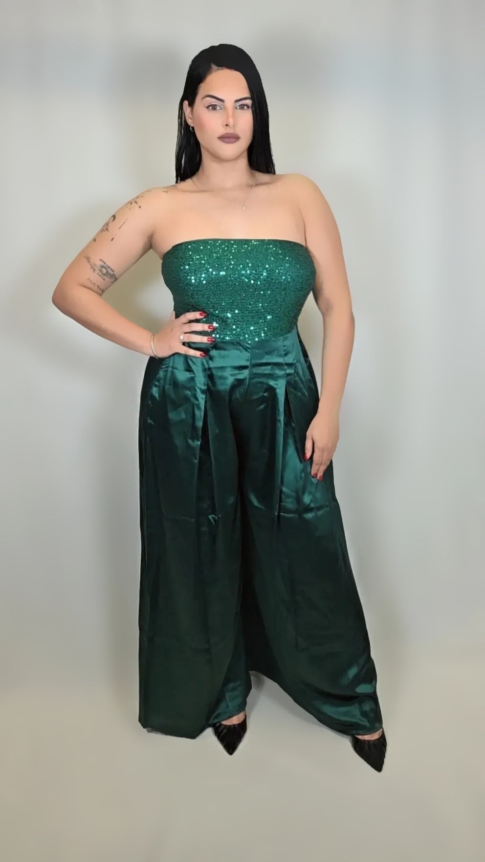 Sequin Top Tie Back Satin Jumpsuit
