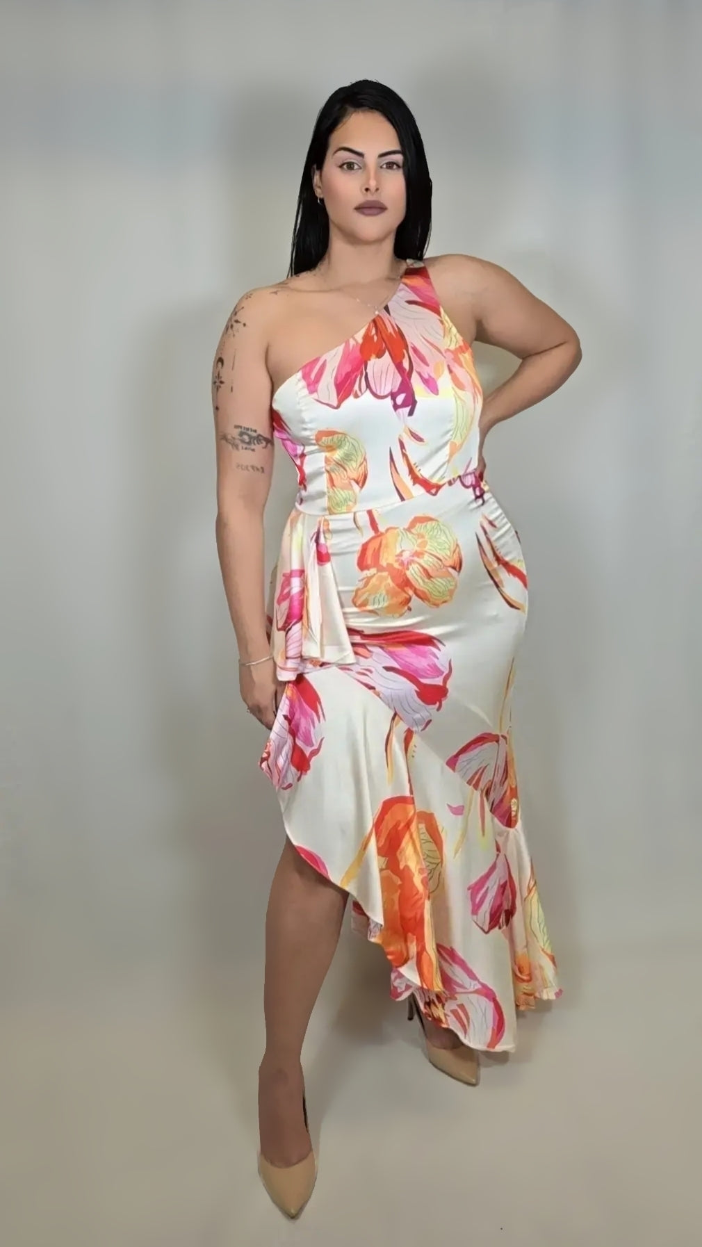 One Shoulder Floral Print Satin Dress