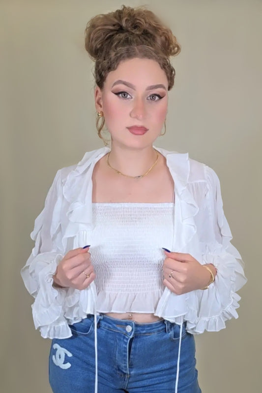 Ruffle Romance Tie-Front Blouse – Crisp White Edition