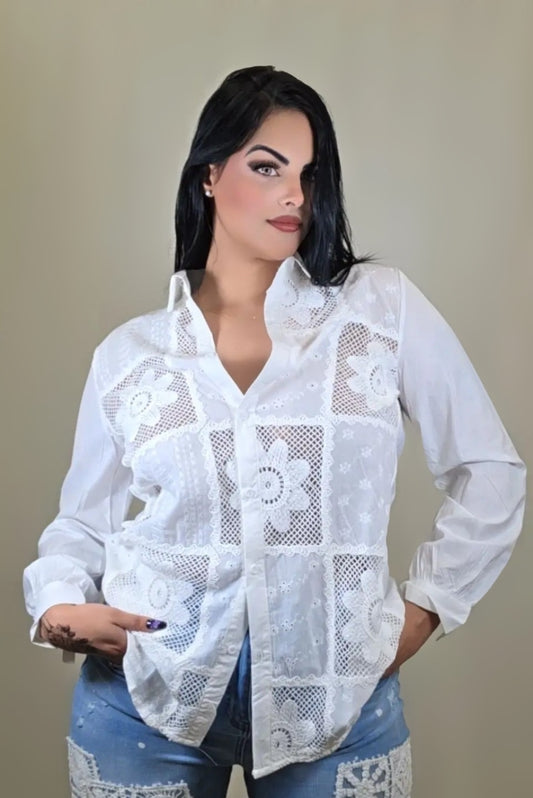 Shirt Button Down Long Sleeve Floral Embroidery