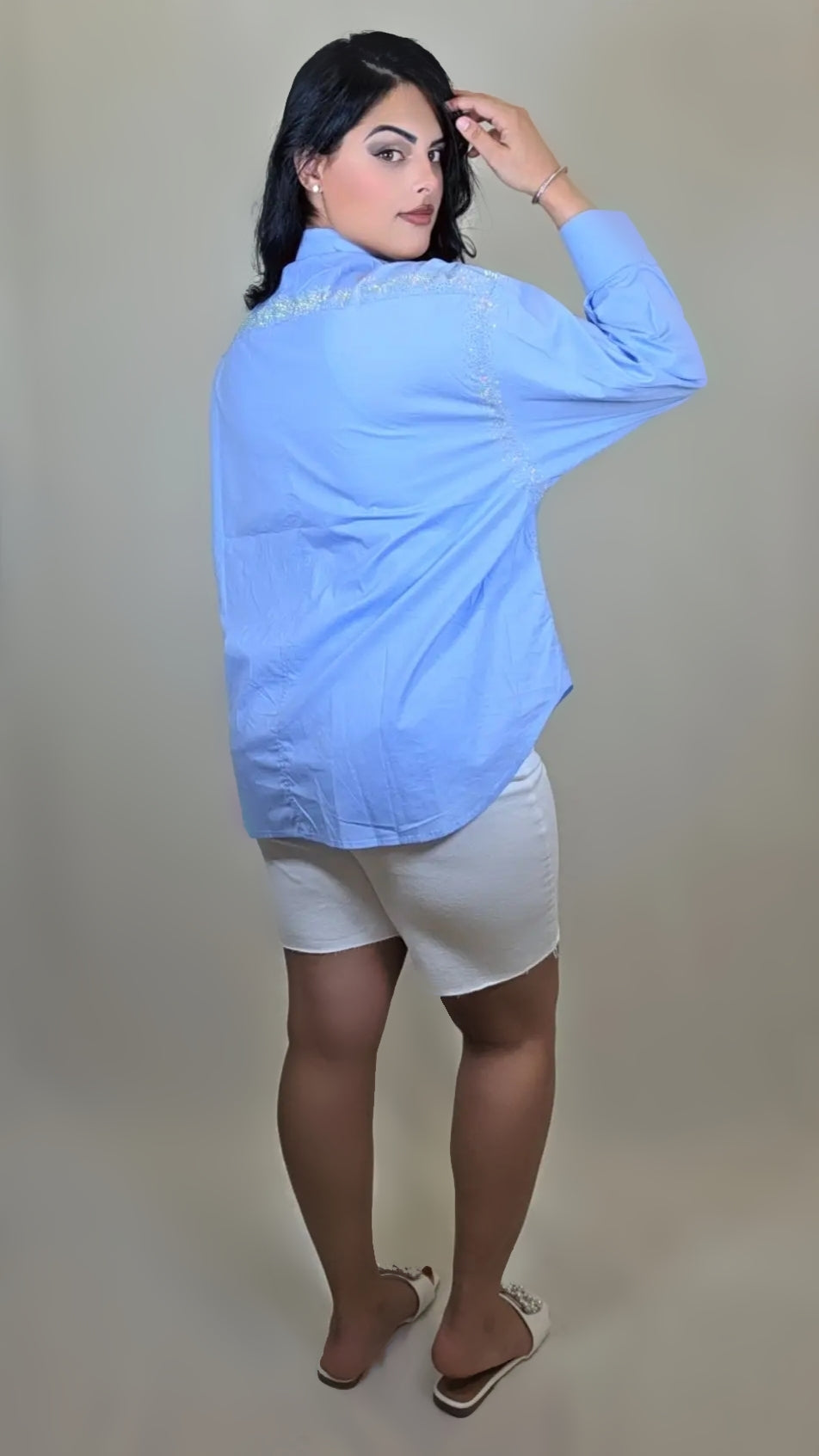 Lantern Sleeve Buttoned Blue Shirt