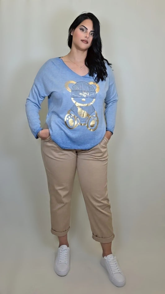 Shiny Teddy Bear Blue Denim Shirt