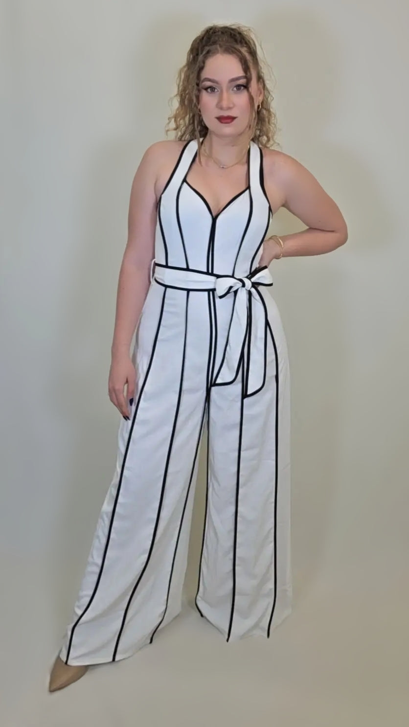 Chic Lines Belted Jumpsuit – White with Black Stripes