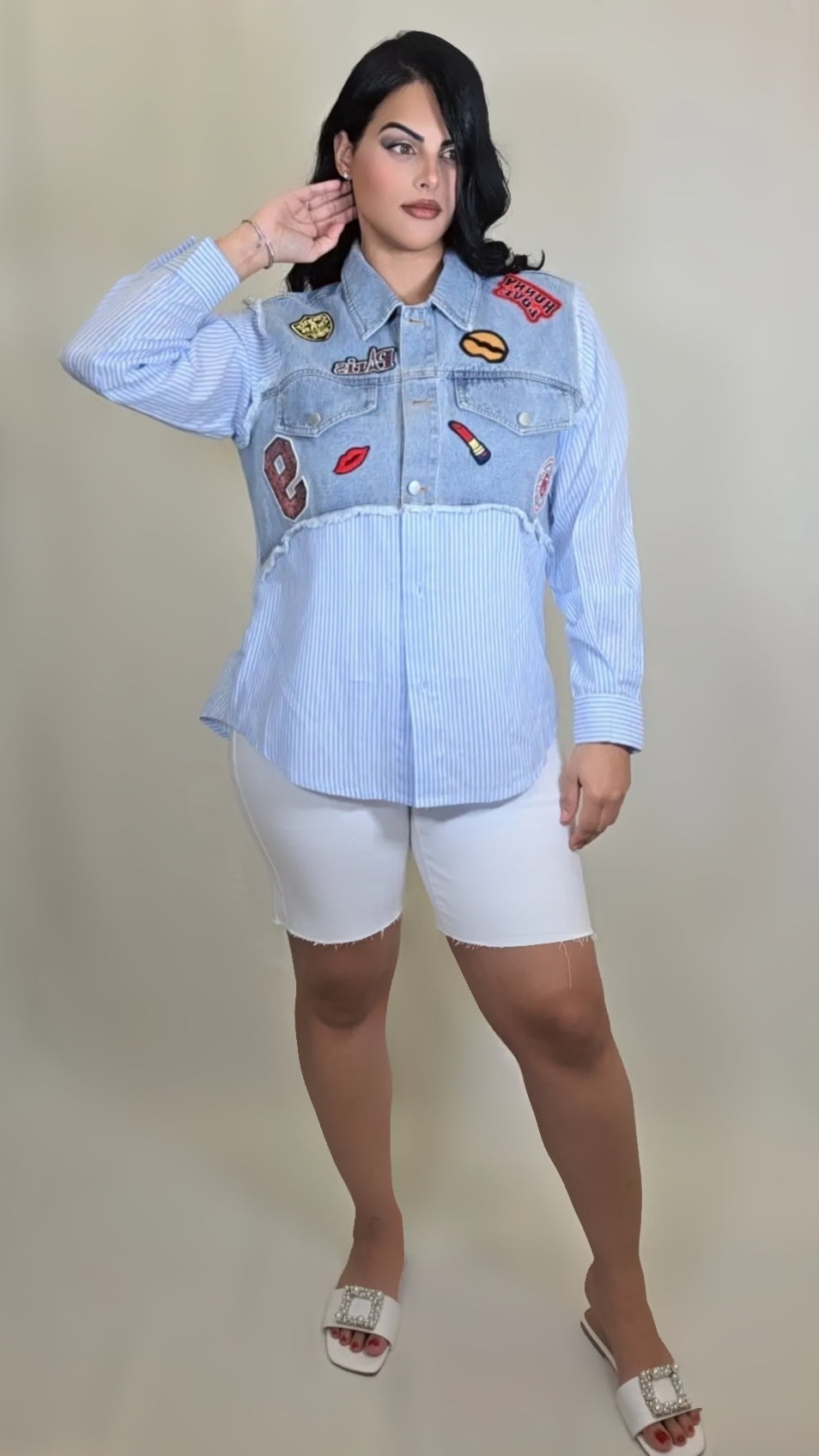 Multi Patch Button Front Long Sleeve Shirt