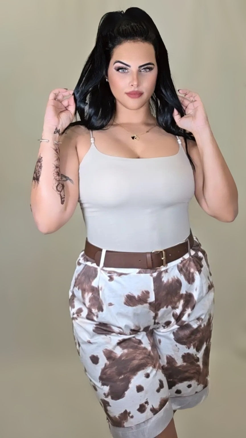 Mocha Splash Cuffed Shorts – Cow Print Edition