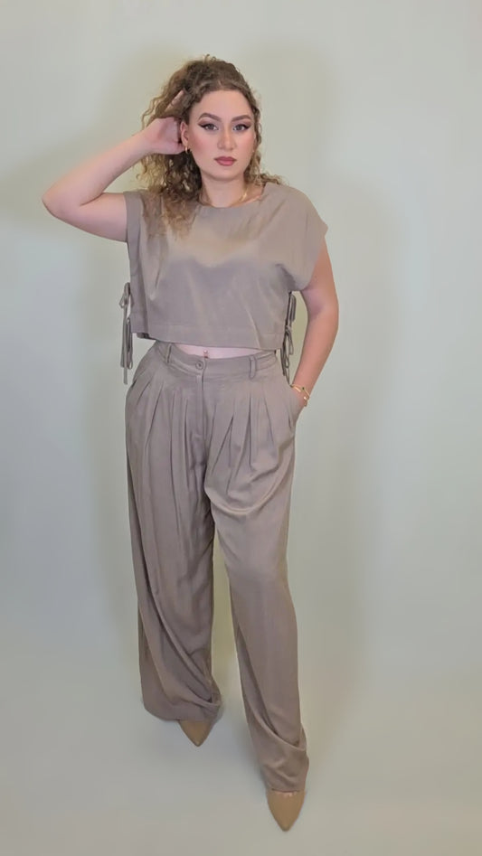 Taupe Tailored Two-Piece Set – Side Tie & Pleated Edition