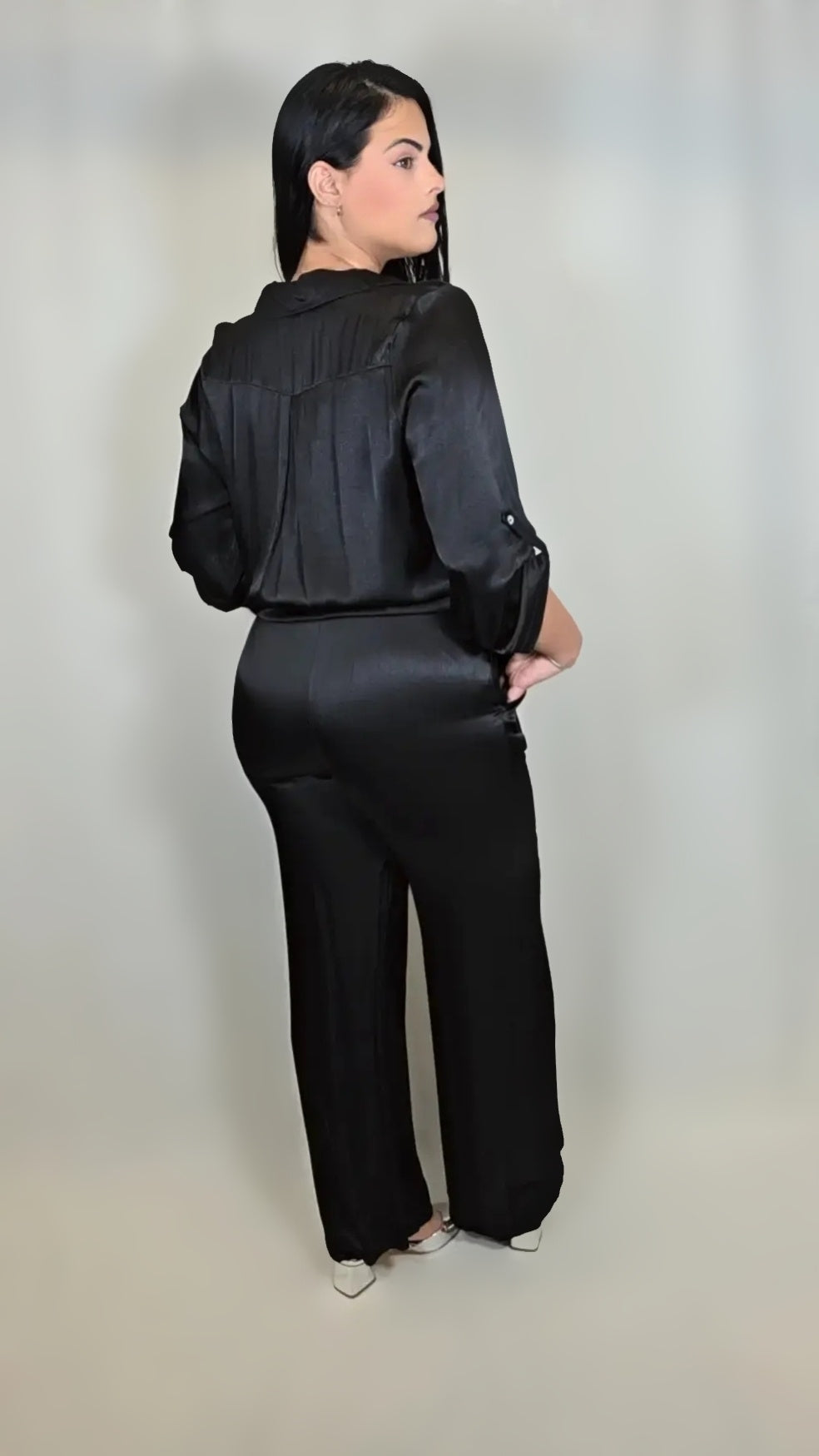 Satin 2 Piece Outfit Summer Casual Button Down Shirt and Wide Leg Pants