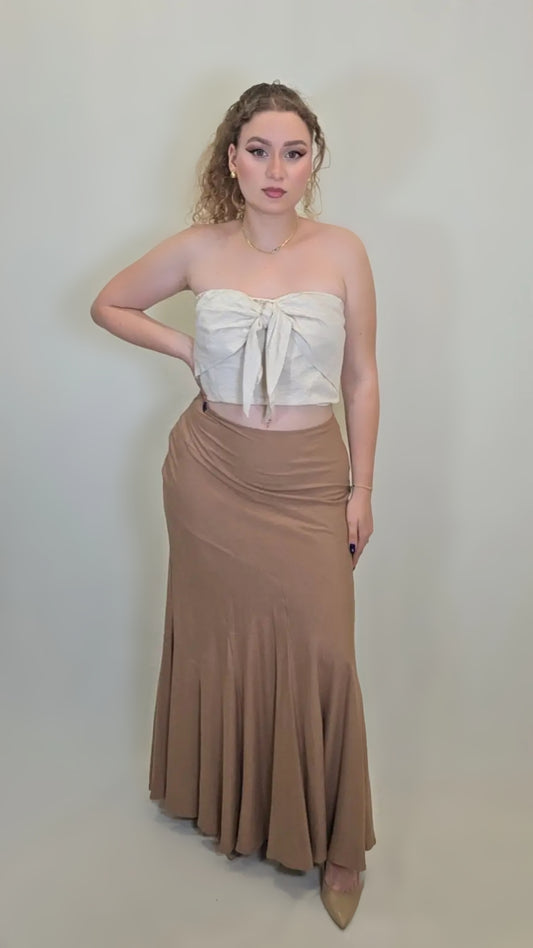 Mocha Sway Maxi Skirt with Crop Top – Soft Drape Edition